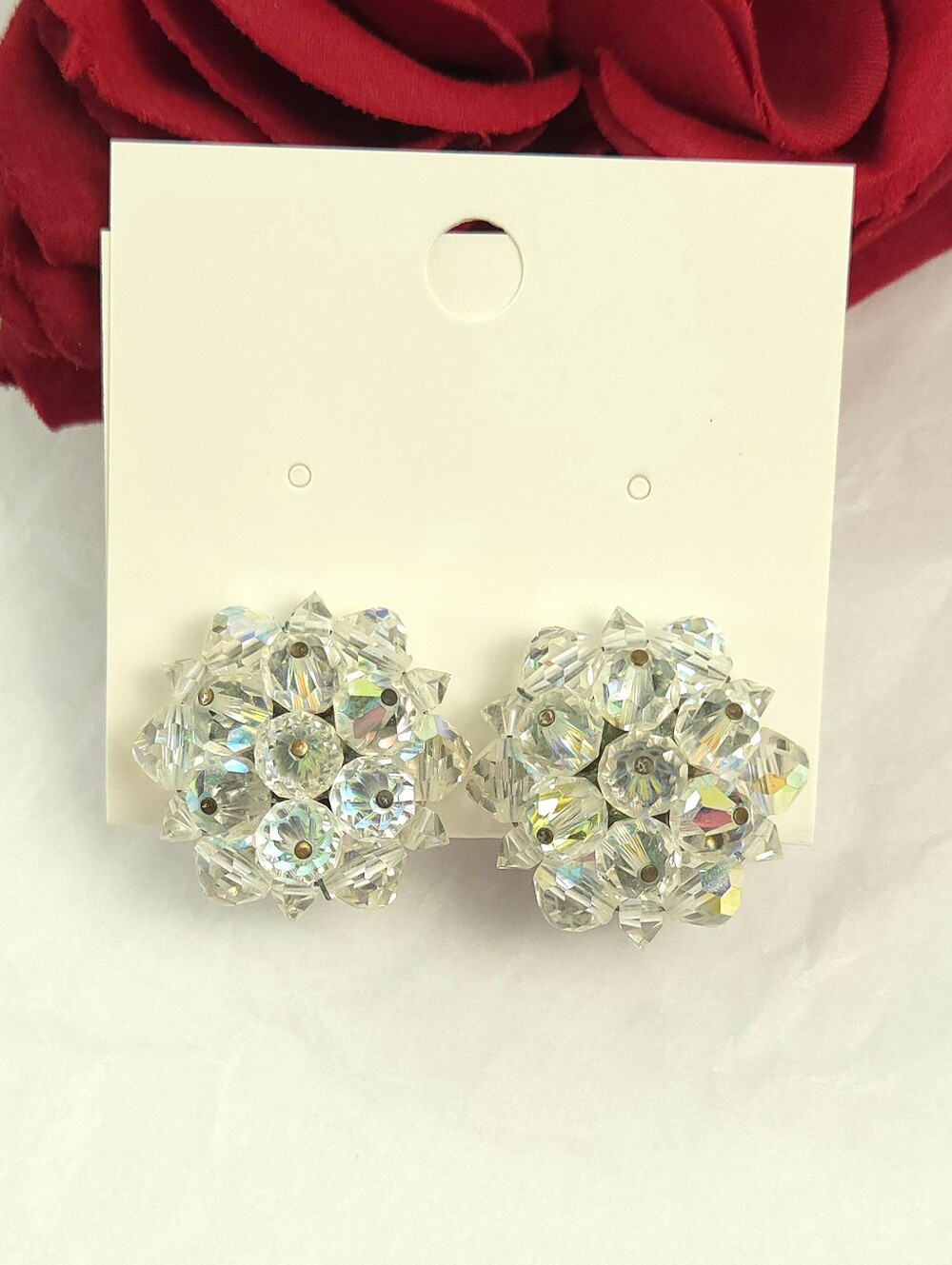 Vintage Aurora Borealis Crystal Cluster Clip on Earrings High Quality STUNNING